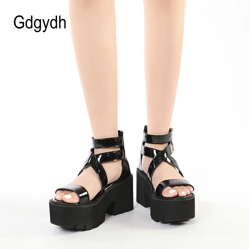 Gdgydh Ankle Strap Sandals for Women Platform Chunky Heels Patent Leather Thick Wedges Summer Shoes Open Toe Zipper Big Size 43