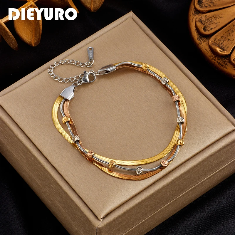 DIEYURO 316L Stainless Steel 3 in 1 Chains Bracelet For Women Fashion Girls Flat Snake Chain Wrist Jewelry Party Gift Bijoux