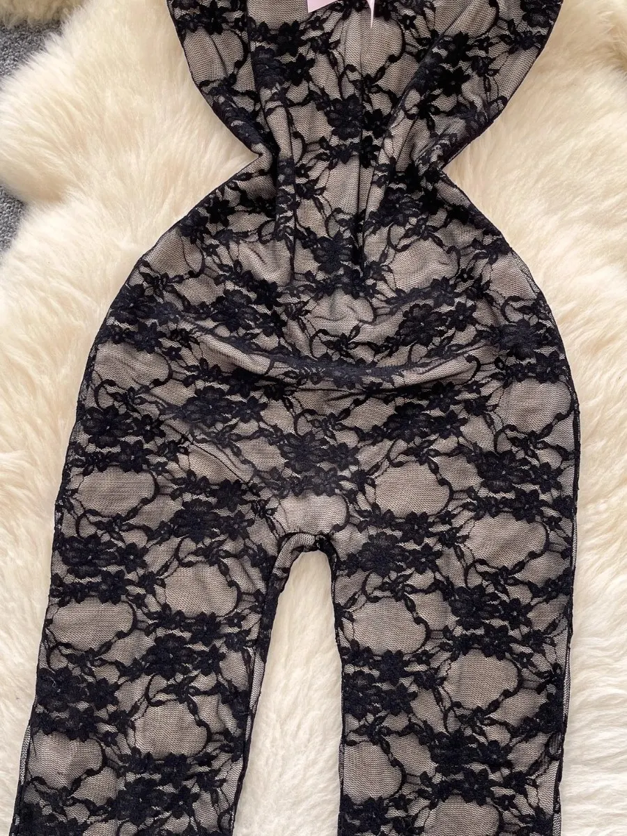 Foamlina-Body Sexy de encaje ajustado para mujer, novedad de verano, mono de media pantalón ajustado con cuello Halter adelgazante de encaje negro para chica