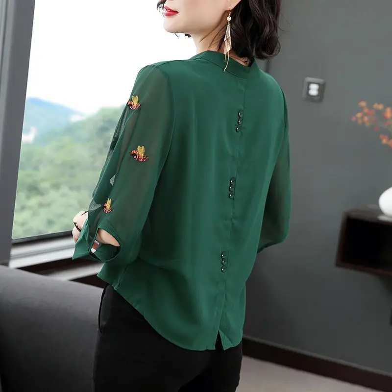 Women\'s Korean Fashion Embroidery Chiffon Blouse Elegant Three-quarter Sleeve Loose Shirt Hollow Out Chic Tops Blusas Para Mujer