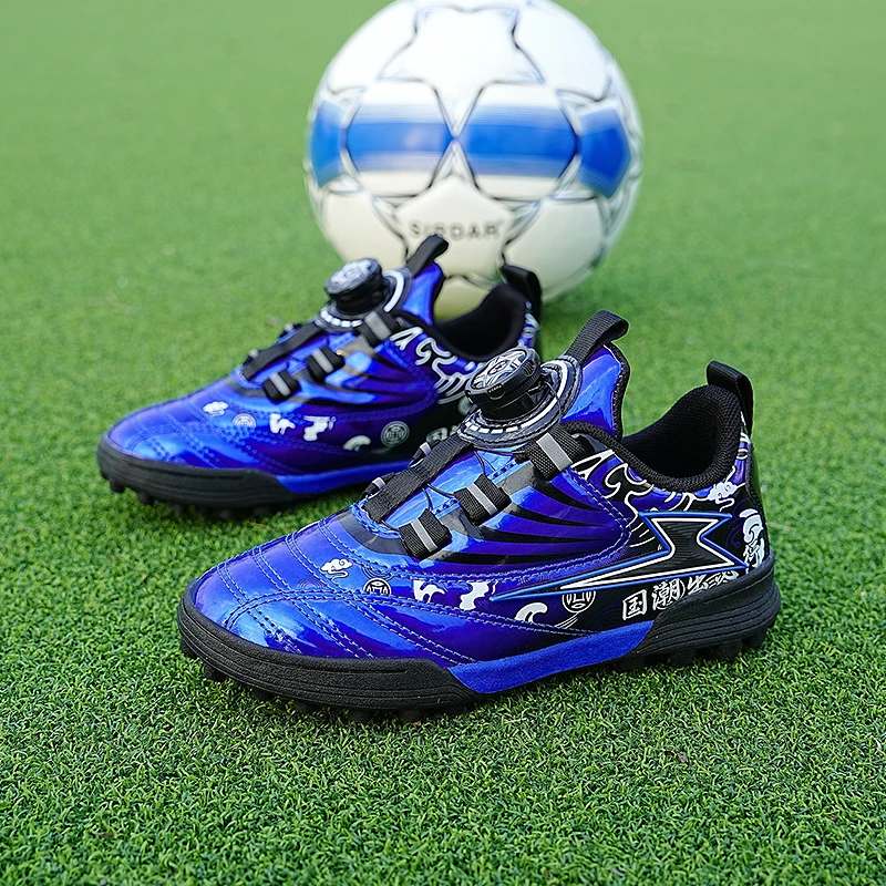 

Original Blue Football Shoes Boys Rotary Buckle Children's Sports Shoes Turf Soccer Shoes Kids Outdoor Non-slip Child Trainers