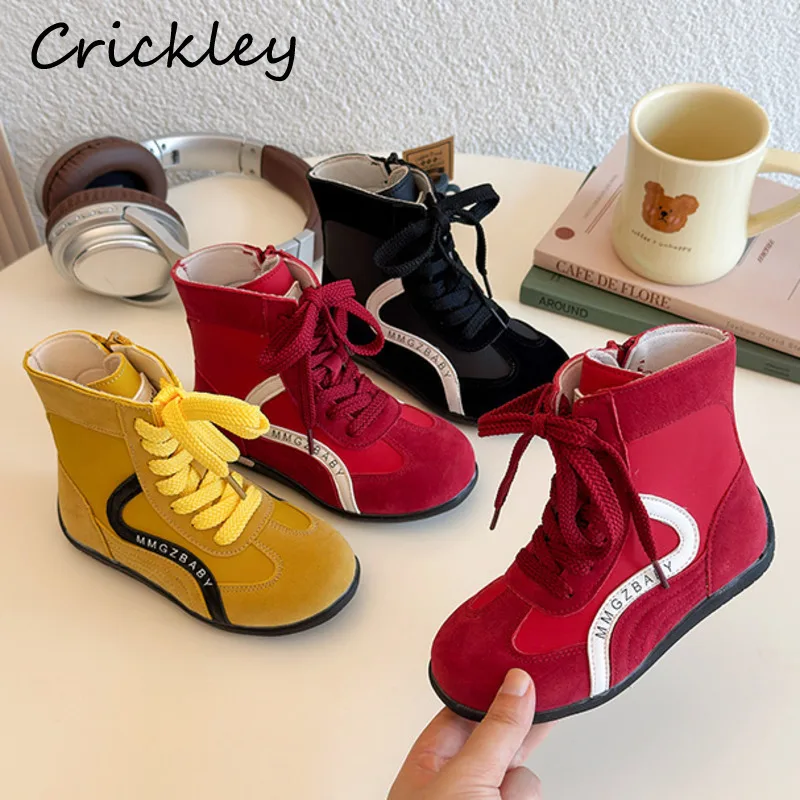 

Solid PU Leather Children Fashion Boots Spring Autumn Zip Anti Slip Boys Girls Sneakers Design Soft Bottom Kids Ankle Shoes