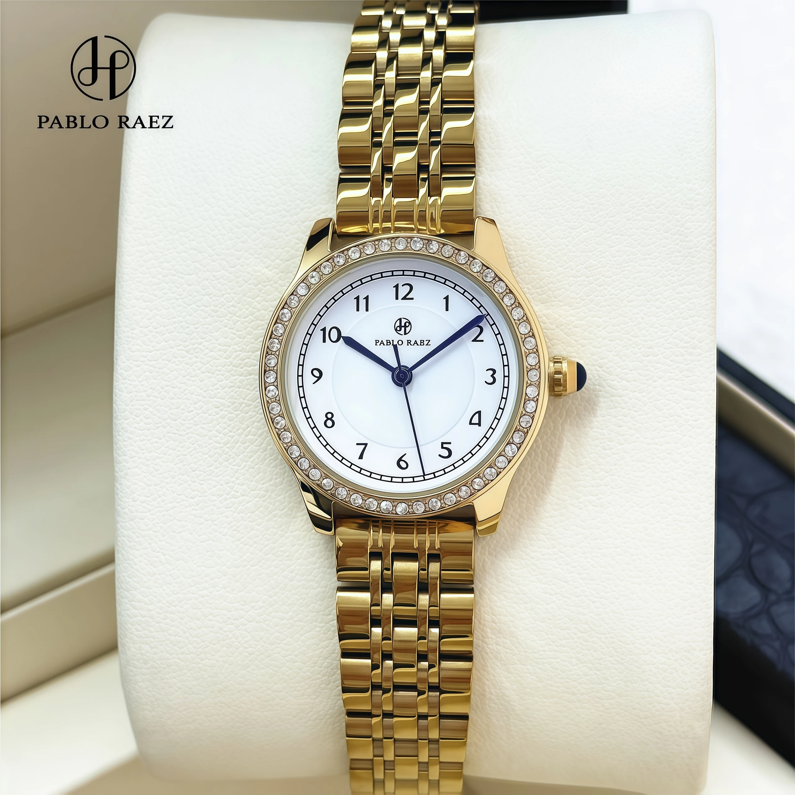 PABLO RAEZ Luxury Women's Watch Stainless Steel Strap Round Digital Dial Diamond Bezel Waterproof Quartz Watch Festival Gift