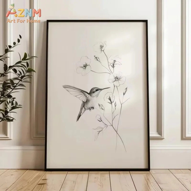 Retro Minimalist Hummingbird Sketch Bird Animal Drawing Illustration Poster Canvas Painting Wall Art Pictures Home Decor