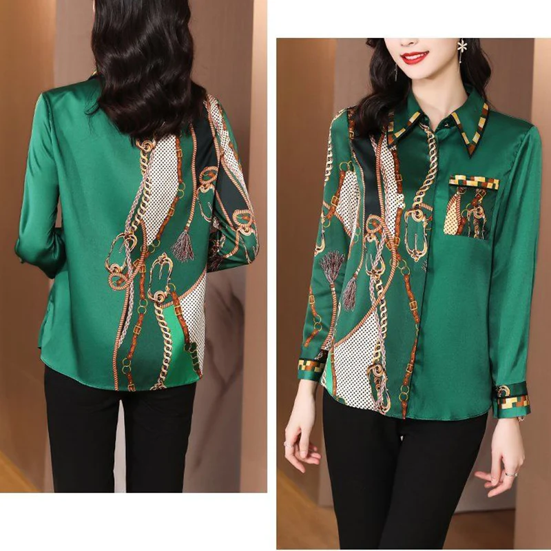 2022 Spring Women Korean New Patchwork Printed Satin Blouses Vintage Elegant Fashion Office Lady Shirts Casual Long Sleeved Tops