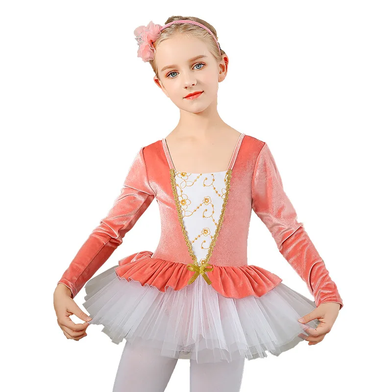 Children's Ballet Dance Costume, Girls' Gold Velvet One-piece Fluffy Skirt, Long Sleeved Ballet Dance Practice Costume