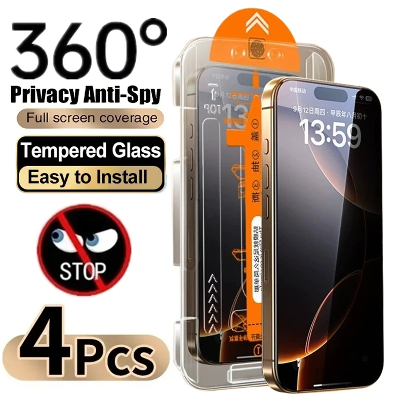 

4Pcs Easy Install 360°Privacy Tempered Glass For iPhone 17 16 15 14 13 11 12 Pro Max Plus X XR XS Anti-spy Screen Protector