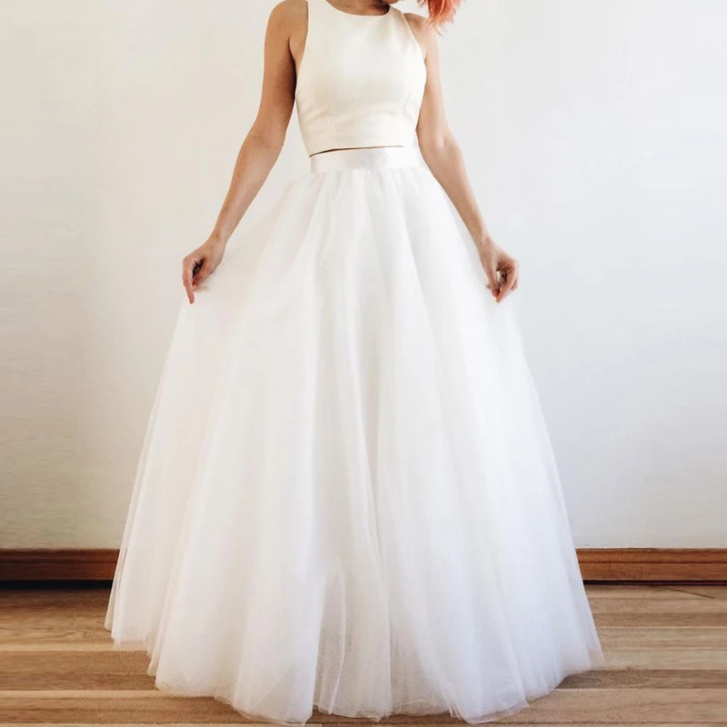 Women's White Tulle Long Skirt High Waist 5 Layers Floor Length Ladies Skirts Vintage Bridal Wedding Dress Female Pleated Skirts