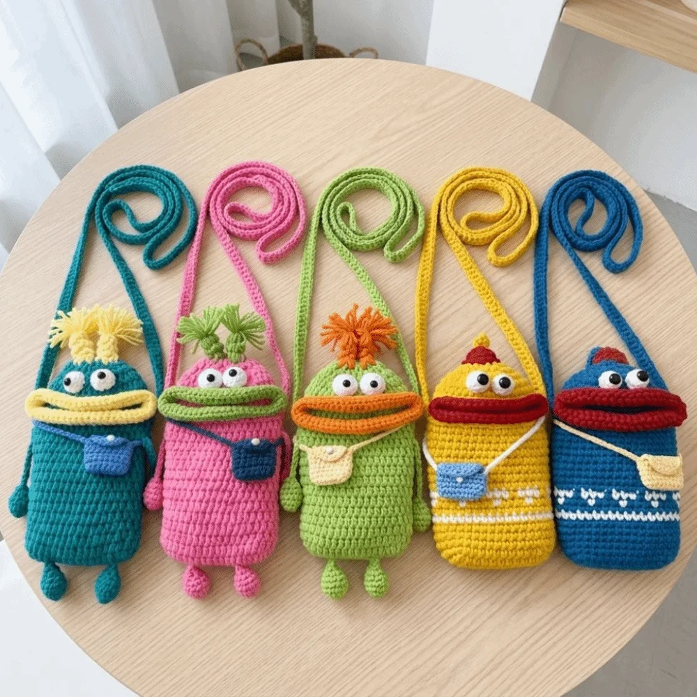Unique Knitting Small Crossbody Bag Handmade Big Mouth Shoulder Coin Purse Funny Crochet Phone Bag Women,Children