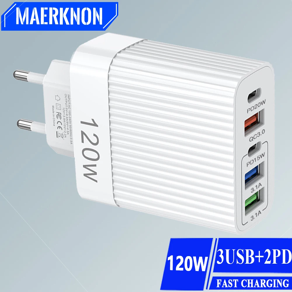 USB C Charger Total 120W Muti 5 Ports Quick Charge PD Type C QC 3.0 High Speed Fast Charging for iPhone 15 Xiaomi Wall Adapter