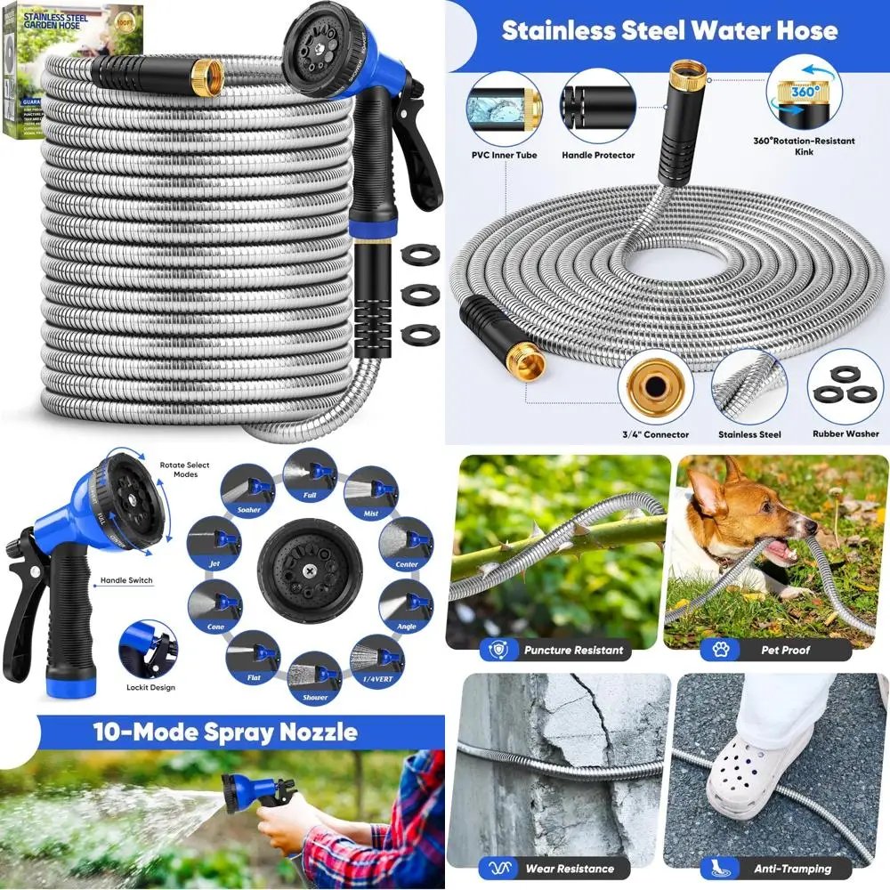 

Stainless Steel 100-Foot Garden Hose with 10-Mode Adjustable Spray Nozzle, Lightweight, Kink-Free, Leak-Resistant for Durable Ou