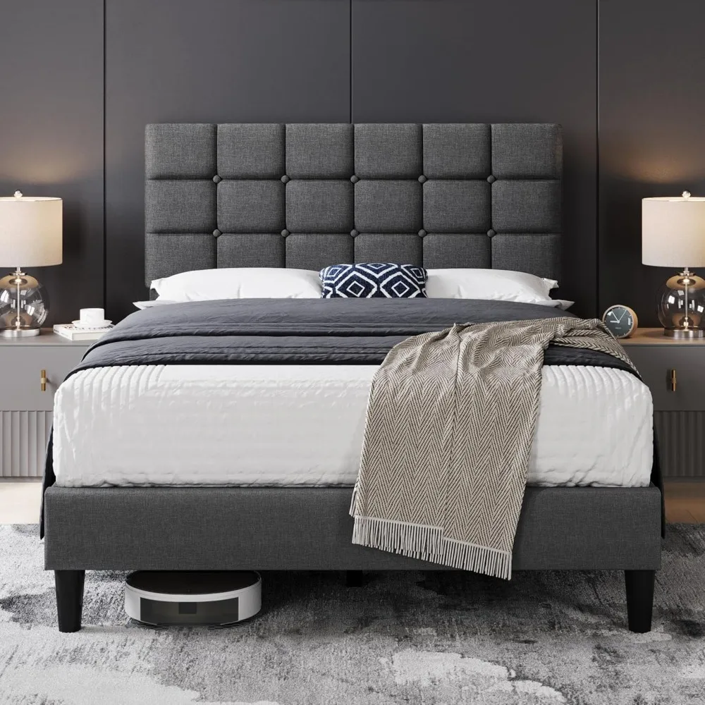 

Yaheetech Upholstered Bed Frame, Modern Full Bed Platform with Square Stitched&Button Tufting Headboard Height Adjustable, Woode