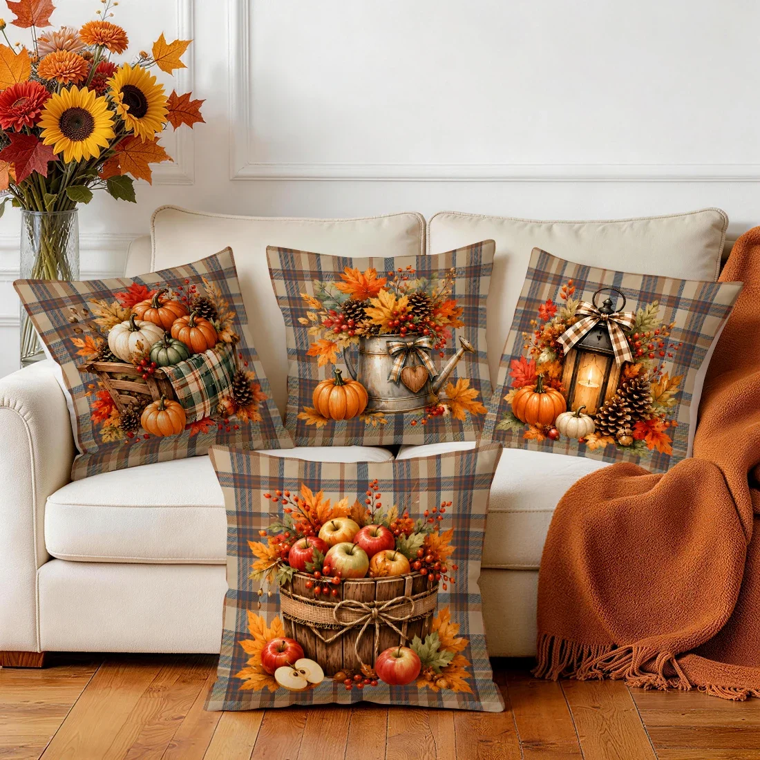 Retro Plaid Autumn Harvest Pumpkin Cushions Pillowcase Polyester Cushion Cover Throw Pillow Pillowcover Home Car Sofa Decor
