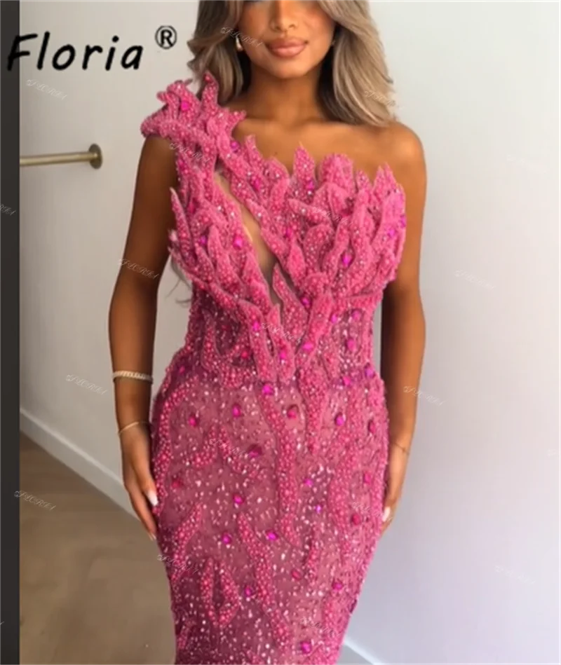 Luxury Fushia Pink Arabic Mermaid Formal Evening Dresses Crystal 3D Appliques Lace Celebrity Party Dress vestidos de fiesta 2024