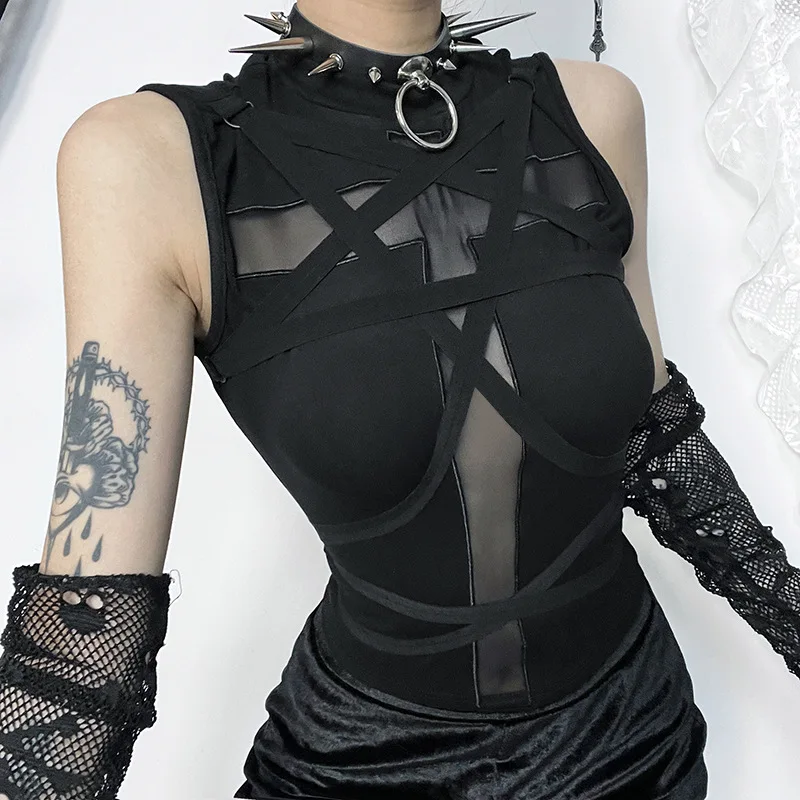 Mall Goth Sleeveless Bandage Vest Crop Top Women Vintage Harajuku Punk Aesthetic Streetwear Tank Top Trendy Camisole