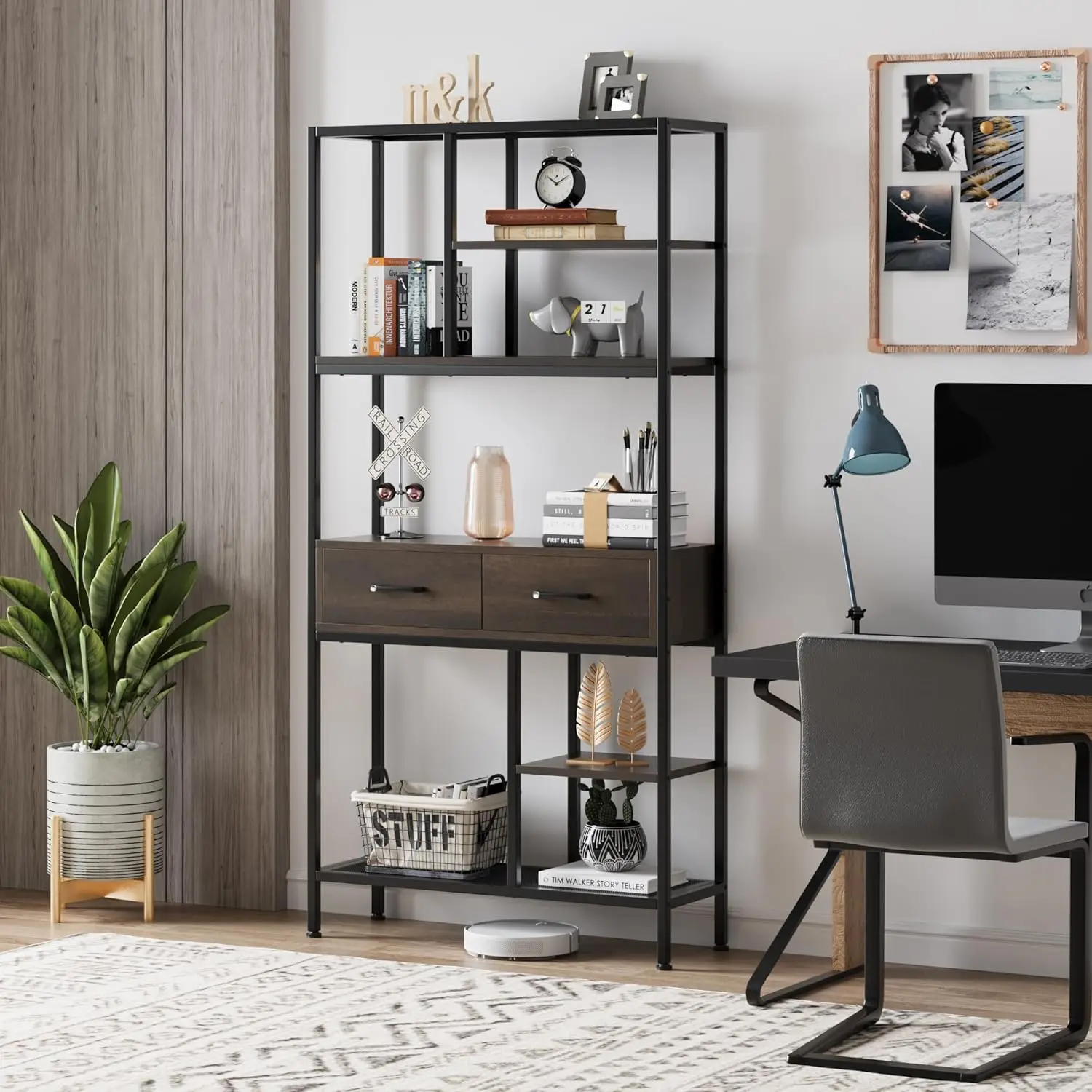 

Book Shelf, Tall Bookcase With Storage, 6-Tier Industrial Bookshelf With 2 Wooden Drawers For Home Office And Living Room (Dark