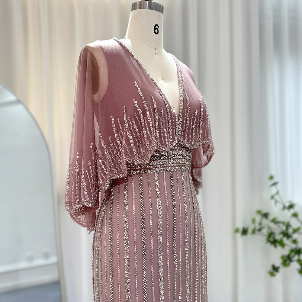 Sharon Said Dubai Luxuriöse Salbeigrüne Meerjungfrauen-Abendkleider mit Cape, V-Ausschnitt, Arabisch, für Hochzeitsfeier, SS284, Maßanfertigung – Detail 15