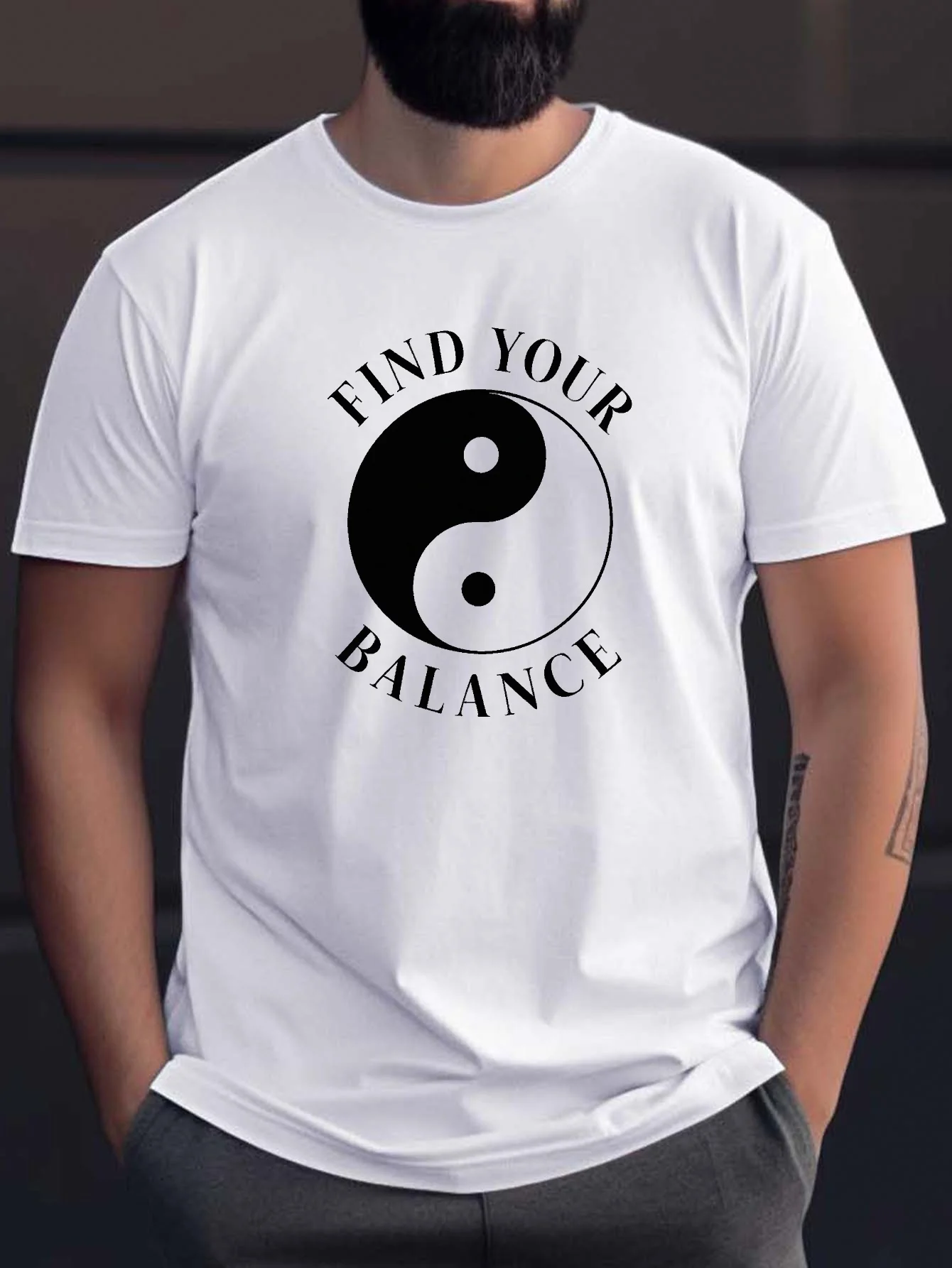 Yin Yang Find Your Balance Print Men Short Sleeve Tshirt Taiji Symbol O Neck Tee Spiritual Mindfulness Casual Male Fashion Tops