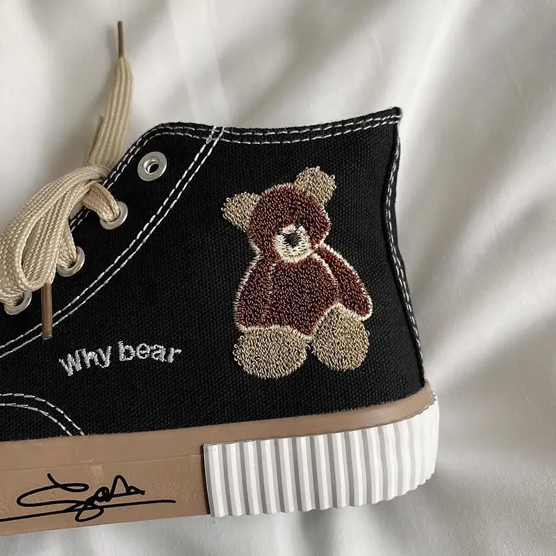 Spring high help students embroidered bear versatile casual canvas shoes shoes women