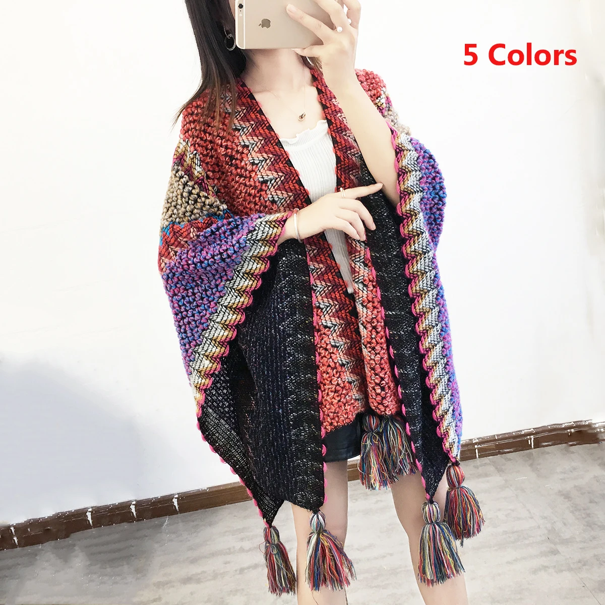 

Thicken Wool Knitting Women Winter Ponchos New Lady Tassel Cashmere Outwear National Female Caps Shawls Female Warm Cloaks