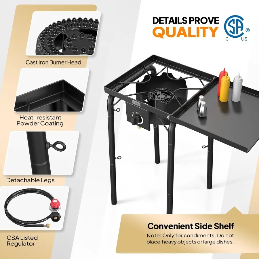Stufa a gas a bruciatore singolo con ripiano laterale Stufa a propano portatile da 100 000 BTU con regolatore gamba rimovibile per campeggio domestico Backyar