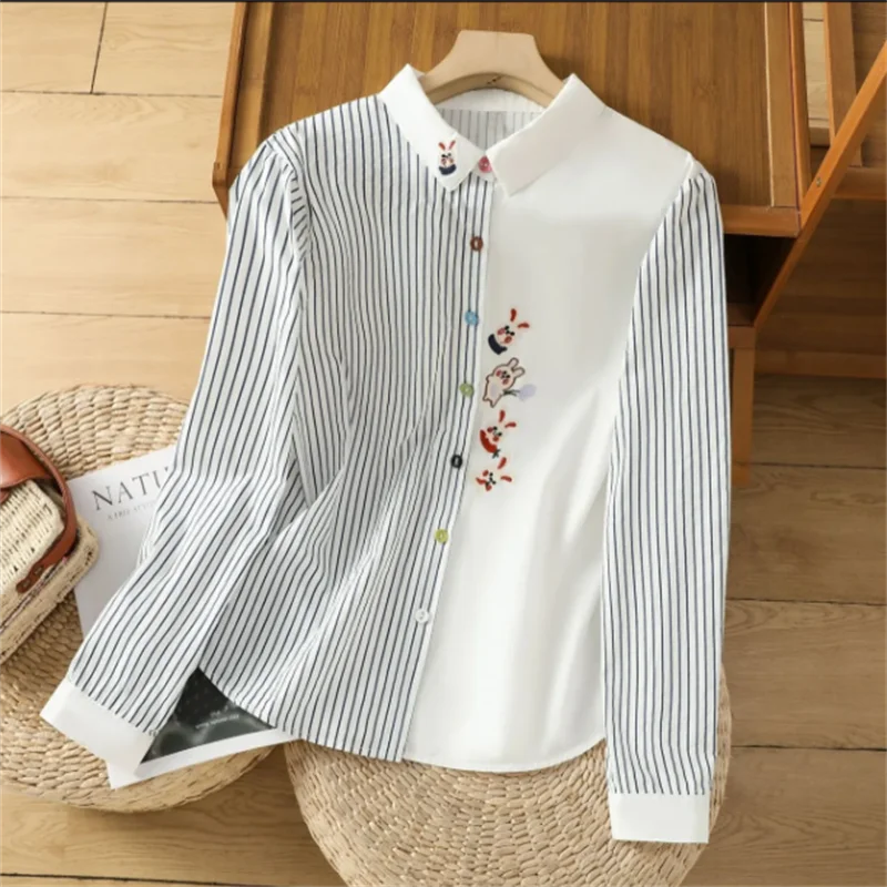 

Pure Cotton Shirt Women's Blouse Striped Patchwork Shirt Base Tops Artistic Cartoon Embroidery Shirt Simple Female Blous