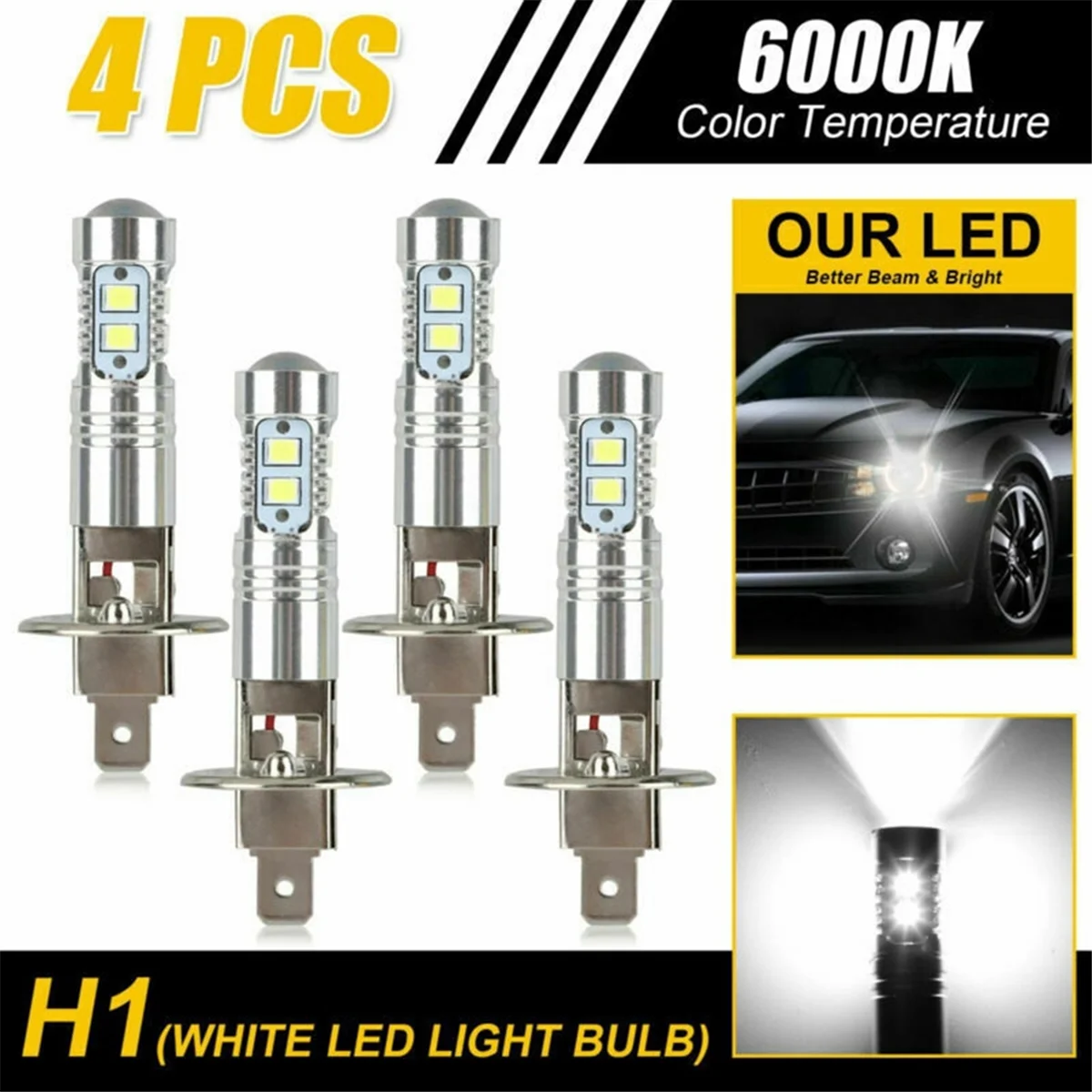 H1 LED 헤드라이트 안개등 전구, 6000K 슈퍼 화이트, 200W, 4 개