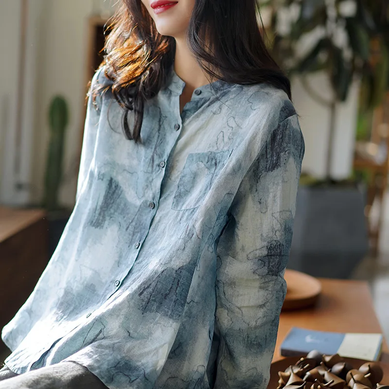 2024 New Arrival Spring Autumn Women Loose Fit Casual O-neck Long Sleeve Blouse Vintage Print Linen Single Breasted Shirts Y14