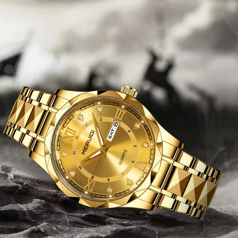 A men's yellow elegant style high-end multifunctional weekly calendar quartz watch