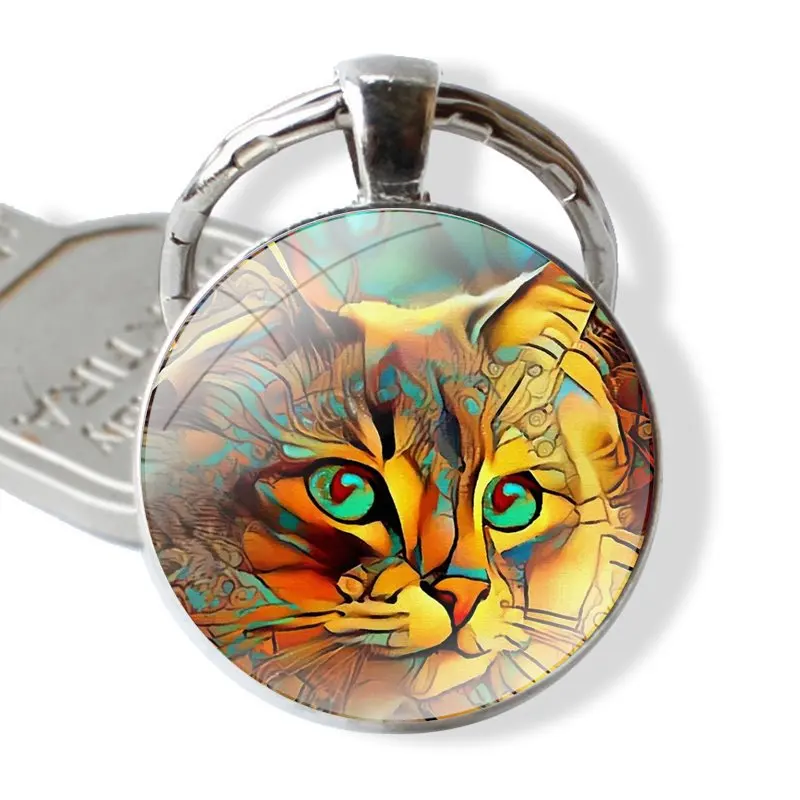 Punk Style Cats Aniamls Ink Paintings Keychain Handmade Glass Cabochon Key Ring Holder Pendant Key Chains