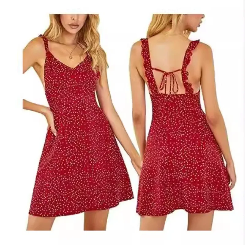 Polka Dot Back Strap Wave Shoulder Strap Dress