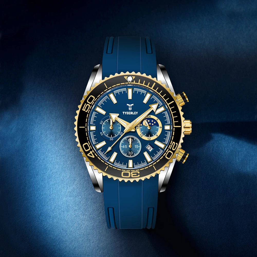 

Новинка 2025 года, мужские часы TYBERLEY, золотые роскошные кварцевые наручные часы, лучший бренд, часы с хронографом, мужские водонепроницаемые спортивные светящиеся часы