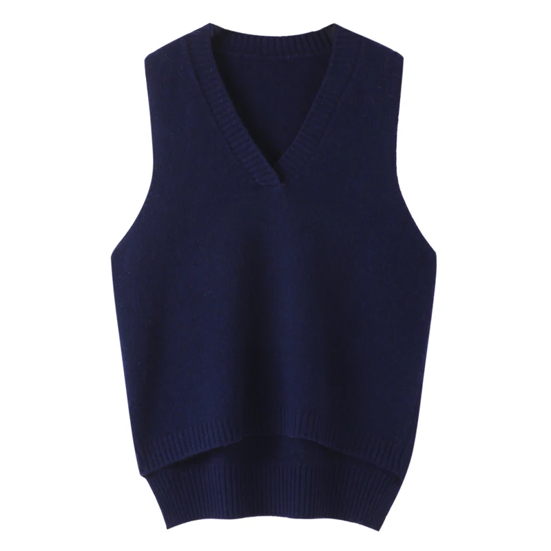 Women V-neck Vest Pullover Autumn Winter 100% Merino Wool Sweater Sleeveless Knitwear Irregular Hem Cashmere Waistcoat Clothing