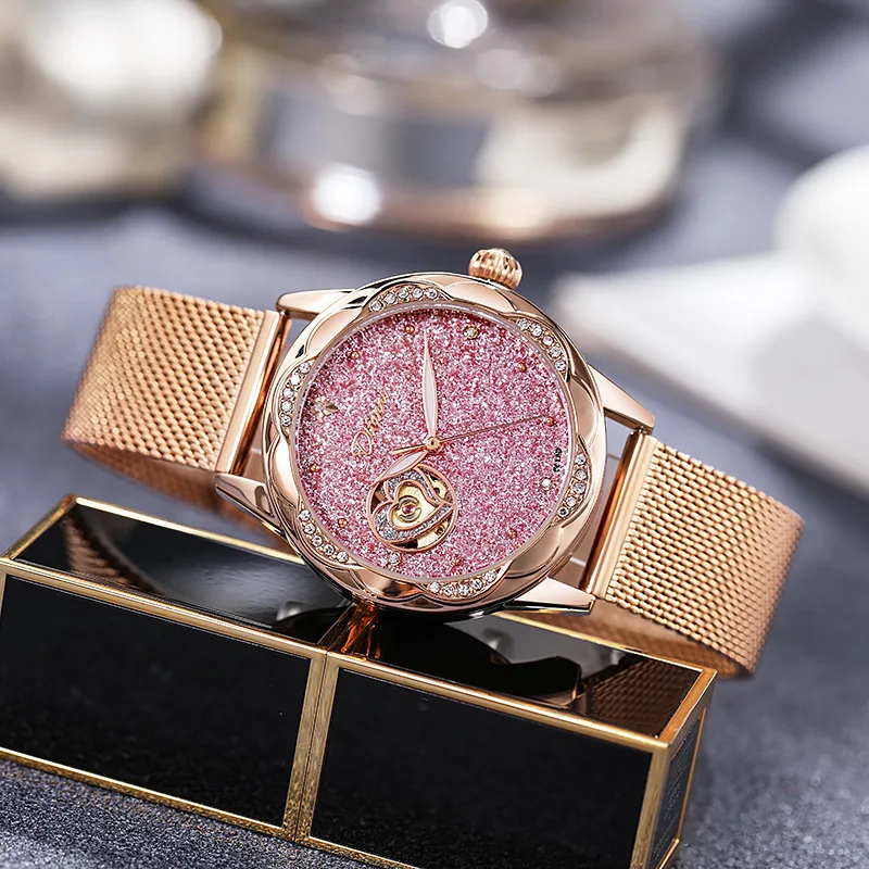 Stainless Steel New Starry Sky Series Heart Skeleton Luminous Waterproof Self-Wind Automatic Watch for Women