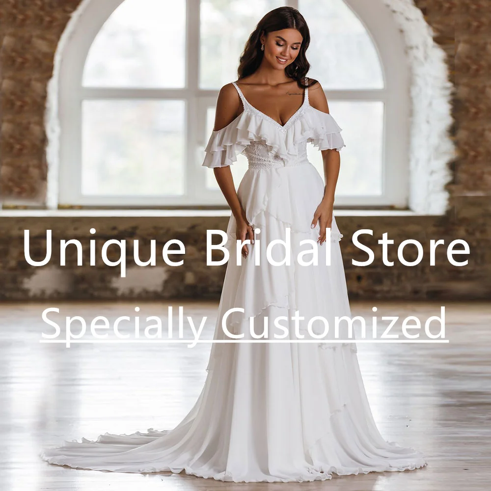 

Chiffon A-Line Wedding Gown Off The Shoulder Ruffle Tiered V-Neck Women's Applique Court Train Classic Backless Bata Novia Boda