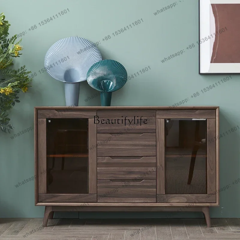 LD North American Black Walnut Dining Side Solid Wood Wine Cabinet Nordic Solid Wood Glass Locker Simple Modern
