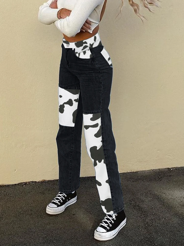 HEYounGIRL Patchwork Cow Print Jeans Women Casual High Waisted Pants Capris Harajuku 90s Black Long Trousers Ladies Street