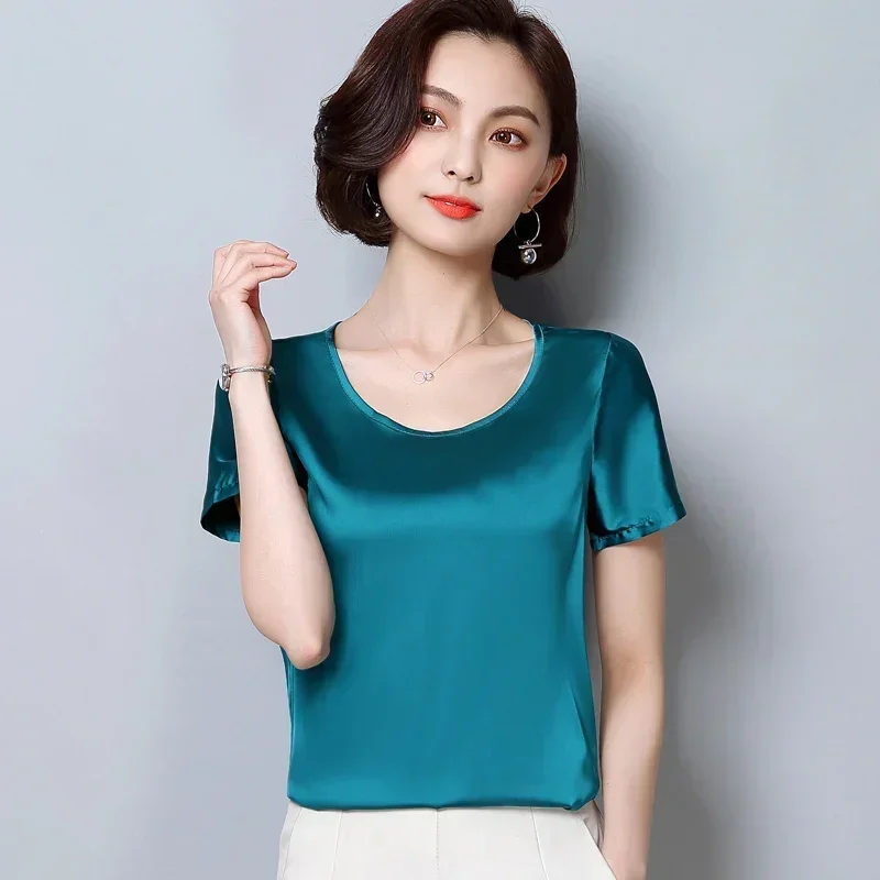 Womens Tops and Blouses 2024 Women Shirts Casual Silk O-neck Sling Top Satin Short Sleeve Stretch Solid Blouse 2126 50