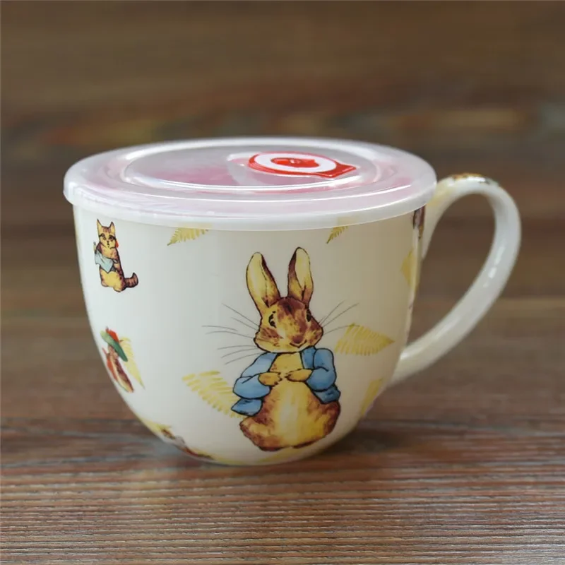 

Bone Porcelain Tableware Breakfast Cup Milk Cup Mug Bubble Noodle Cup with A Lid Spoon Water Cup Home Cartoon Cute Cutlery Set