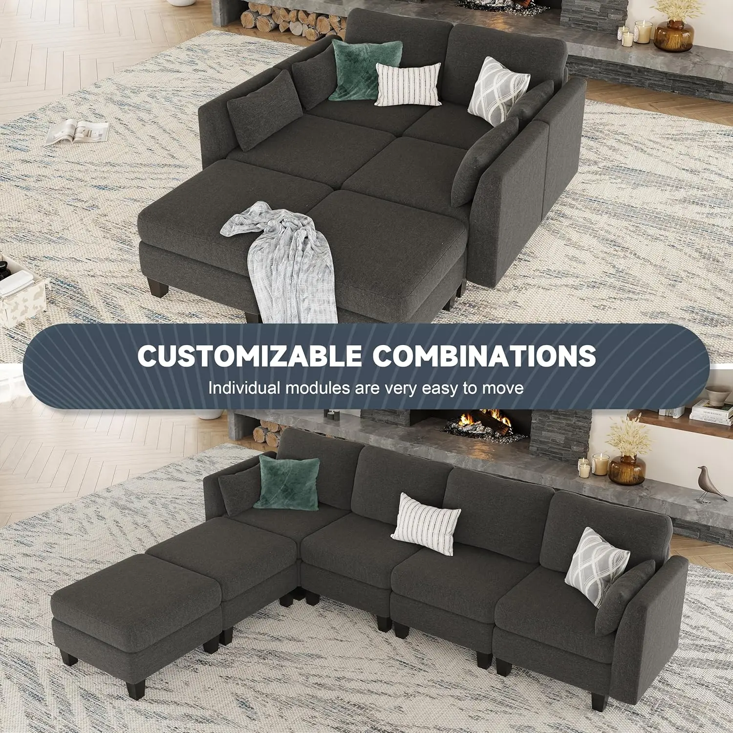 Sofá conversível em forma de U com espuma viscoelástica de alta densidade, sofá modular confortável de 6 lugares para sala de estar