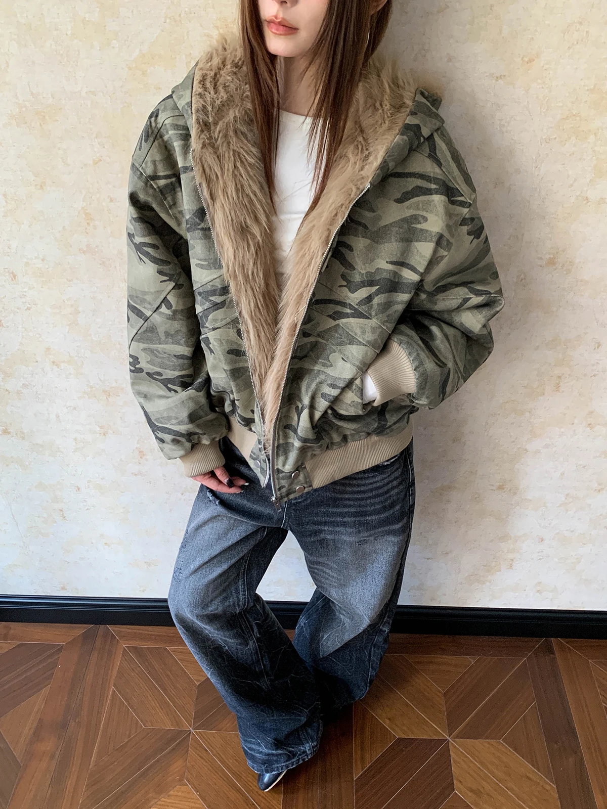 

Apocket American Retro Washed Camouflage Jacket Women's Short Coat with Hood Warm Cotton Polyester Blend Spring Outerwear