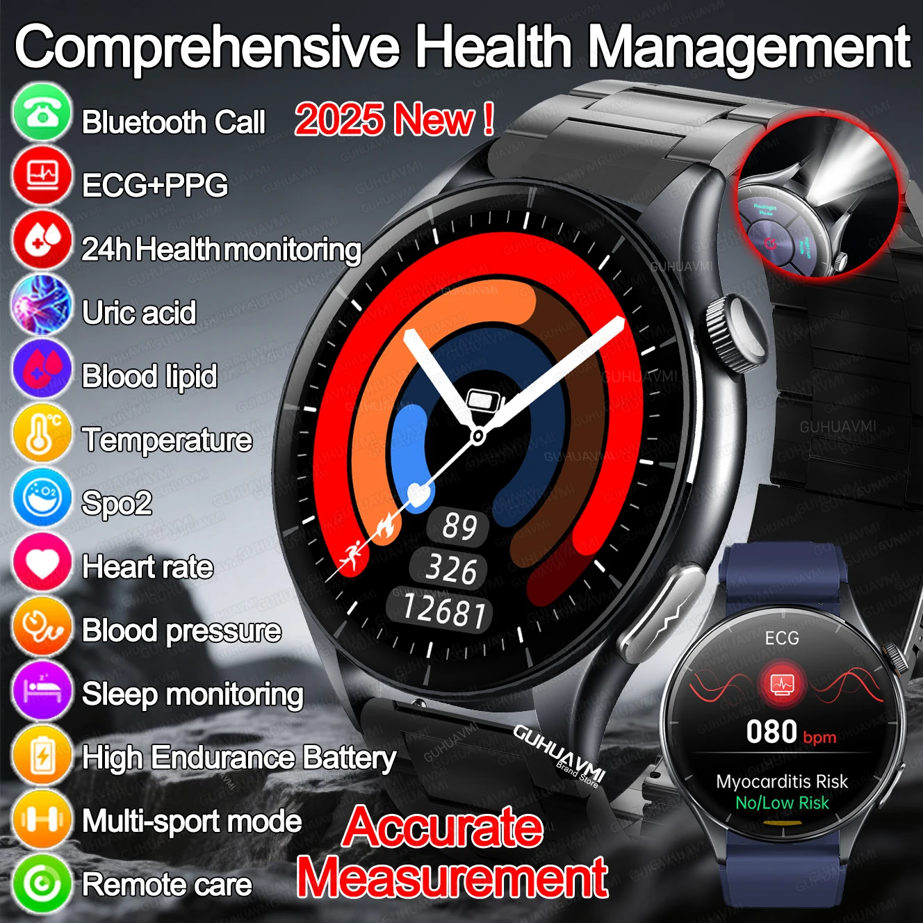 

2025 New NFC ECG+PPG Blood oxygen Watch Uric Acid Blood Pressure Sapphire Smartwatch Men Accurate measurement