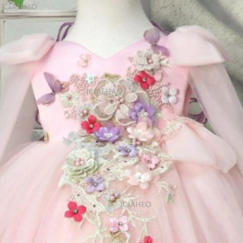2026 Girls Applique Backless Wing Princess Dress Children Birthday Pageant Flower Girl Kids Clothing Costume Tulle Party Gown
