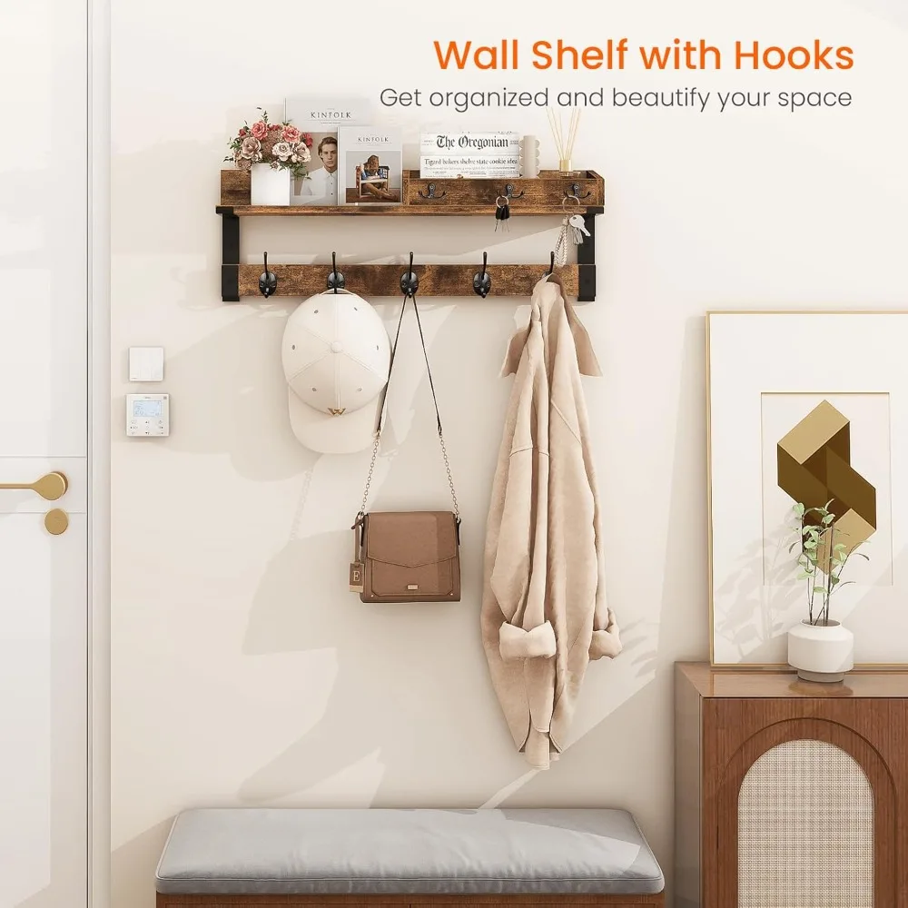 رف معطف خشبي مثبت على الحائط مع رف وخطافات، منظم مدخل مقاس 26 بوصة مع مساحة تخزين للمفتاح والبريد