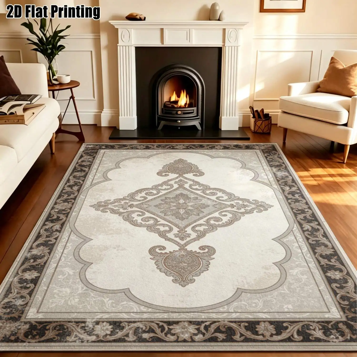 1Pc 2D Printed Beige Brown Retro Floral European-Style Carpet, Machine Washable, Multi-Size, Suitable for Home Decor, Door Mats, Dining Room, Foyer, Bedroom, Living Room