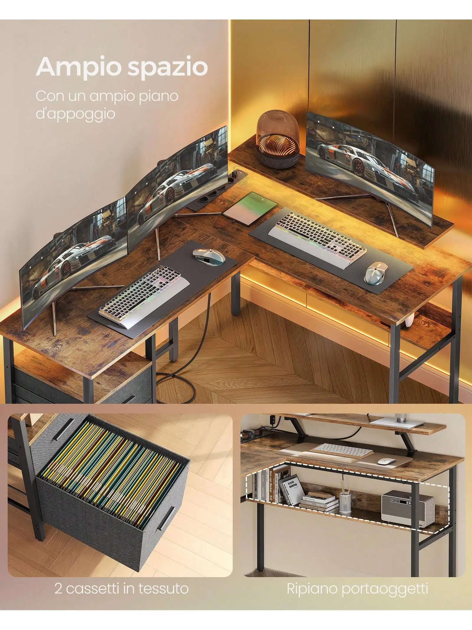 Scrivania da gioco a forma di L VASAGLE: prese di corrente, supporto per Monitor, luci a LED. 2 cassetti, facile montaggio. Ufficio a casa. Marrone