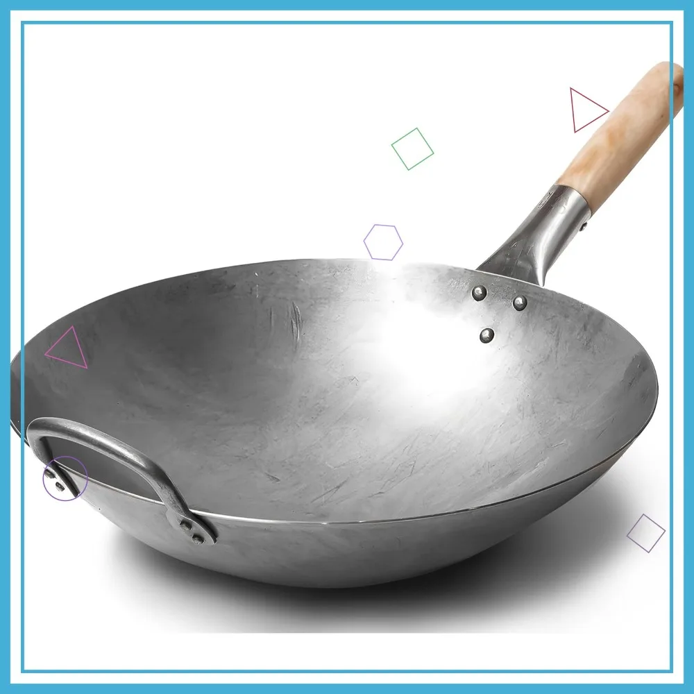 Wok Tradicional de Acero al Carbono Forjado a Mano, Fondo Redondo de 14 Pulgadas con Mango de Madera