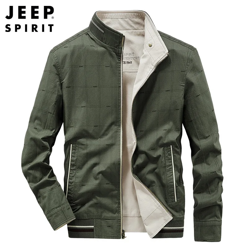 JEEP SPIRIT Men Fashion Urban Double Sided Jacket Autumn New Mens Casual Cotton Solid Coat Stand Collar Business Slim Fit Jacket