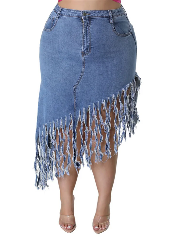 Wmstar Plus Size Only Skirts Women\'s Clothing Denim Maxi with Tassel Sexy Bodycon New In Outfits Wholesale Dropshipping 2023