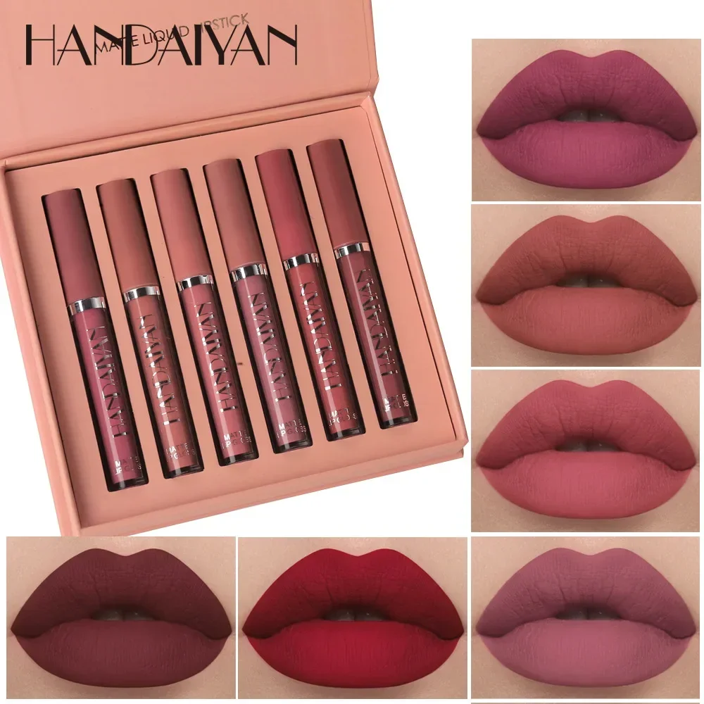 HANDAIYAN-Brilho Labial Fosco Impermeável, De Longa Duração, Copo Antiaderente, Batom Líquido, Caixa de Presente, Cosméticos, Maquiagem, Conjunto de 6Pcs